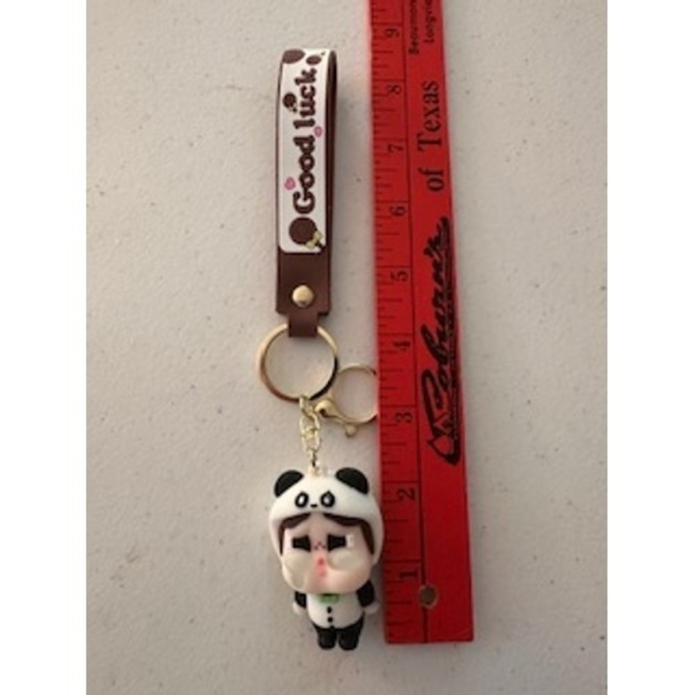 Panda Crying Girl Figurine Keychain Good Luck Wristlet Strap Bag Charm Gold Tone